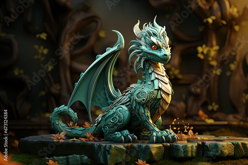 Small green wooden dragon in the forest is a symbol of the year 2024 © sommersby