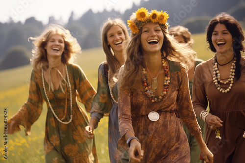 A group of women wearing hippie clothing and flowers in their hair, sitting in a meadow in the 1970s. Environment. Retro fashion concept. 