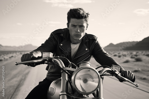 A young man in a leather jacket and jeans riding a vintage motorcycle on a desert highway in the 1950s. Environment. Retro fashion concept.  photo