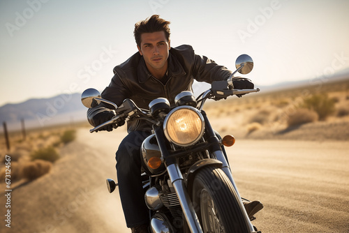 A young man in a leather jacket and jeans riding a vintage motorcycle on a desert highway in the 1950s. Environment. Retro fashion concept. 