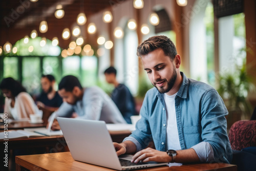 Smart Handsome Male Student Studying in University with Diverse Multiethnic Classmates, Young Man is Using a Laptop Computer to Summarize the Lecture, Study at Home and Pass the Exams