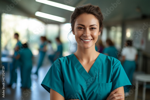 Smiling Argentinian female nurse in medical scrubs