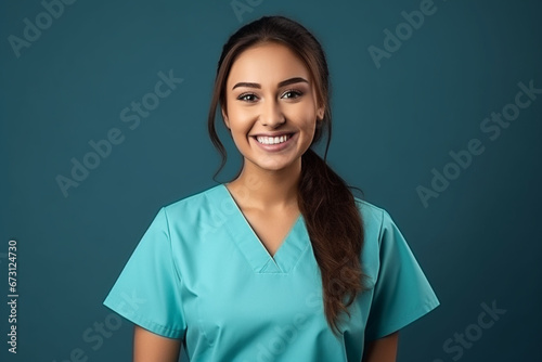 Smiling Argentinian female nurse in medical scrubs photo