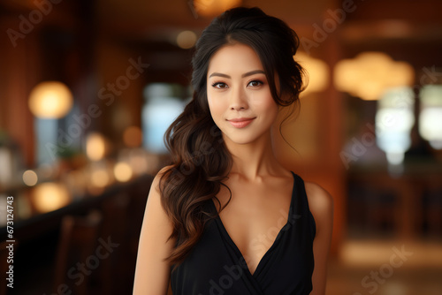 portrait of a asian woman in a restaurant. wearing expensive low-cut black dress.