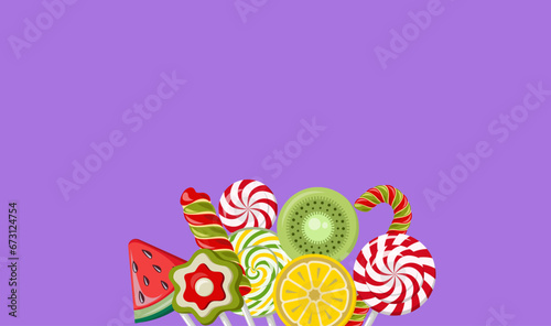Set of various candy canes and candies. Background, card. Clipping mask applied.