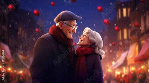 mature couple in love walks in the street with christmas lights