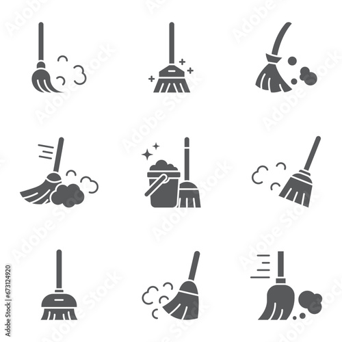 Broom glyph icon set. linear style sign for mobile concept and web design. Sweeping broom simple icon set vector. Symbol, logo illustration. Pixel perfect vector graphics