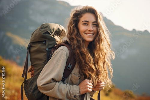Smiling female tourist holding backpack and traveling in the mountains