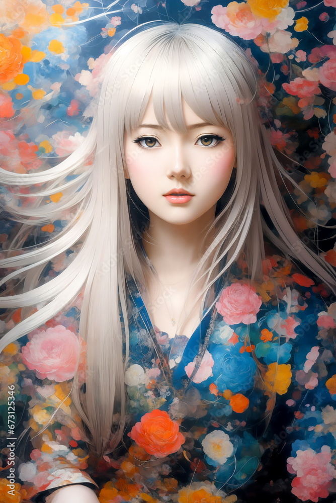 Painting of a girl with long hair surrounded by flowers and leaves, with a flower background.Creative designer fashion glamour anime art drawing. Painting of a girl with long hair surrounded by flowers and leaves, with a flower background.Creative designer fashion glamour anime art drawing.