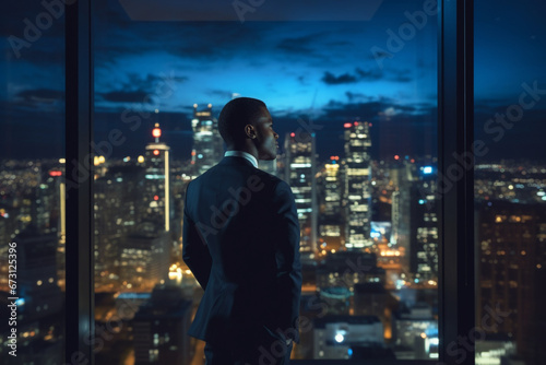Successful Businessman Looking Out of the Window on Late Evening, Modern Hedge Fund Investor Enjoying Successful Life, Urban View with Down Town Street with Skyscrapers at Night with Neon Lights © alisaaa