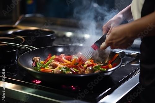 The cook works with an induction hob, The process of frying or stewing close-up