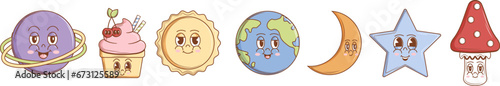 Set of cute Characters Planet, Earth, Mushroom, Sun, Moon, Ice cream, Star in groovy style. Isolated retro stickers. Vintage vector art