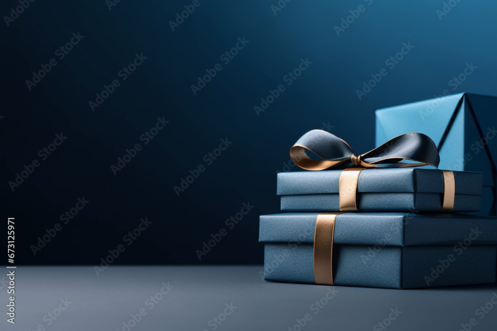 Two Luxury gift boxes with a blue bow on dark blue, Side view monochrome , Fathers day or Valentines day gift for him, Corporate gift concept or birthday party, Festive sale copy space banner