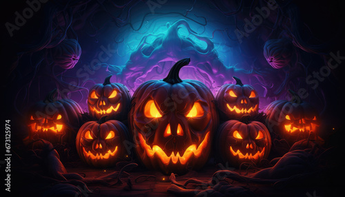 Halloween neon lights background with pumpkins