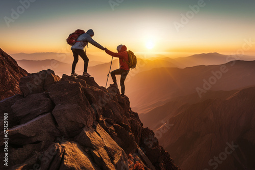 Two mountaineers offer helping hand on a rock ridge at sunrise above a valle