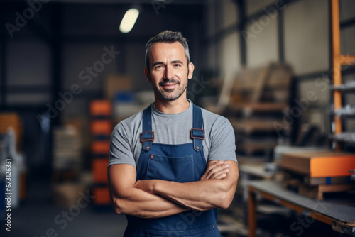 Waist up portrait of cheerful factory worker looking at camera while posing in workshop standing with arms crossed