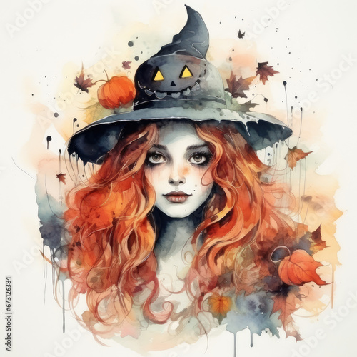 Halloween witch watercolor painting illustration