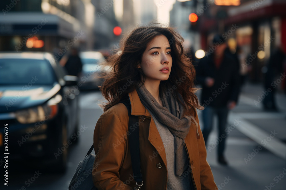 Woman waiting to cross the street in downtown