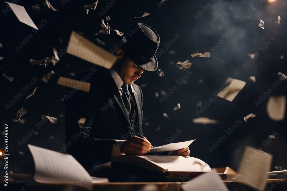 Writer wearing black suit playing Writing on notebook while few papers of a notebook flying randomly, side view shot - obrazy, fototapety, plakaty 