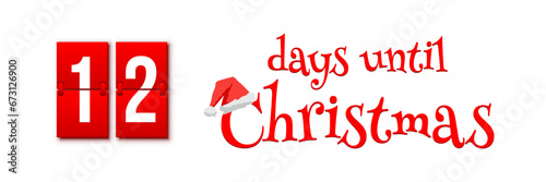 Countdown of days until Christmas, advent calendar with flip numbers template vector illustration. Red vintage text with Santa hat. 12 days until Christmas