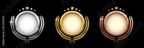 Set of shiny circle medals, laurel wreath with stars vector illustration. Chrome shining round badge prize for winner, award trophy nominee luxury symbol, nomination reward emblem on black background