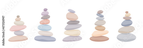 Meditation stone balance pyramid set vector illustration. Stacked pebbles pastel colors object collection isolated in white background