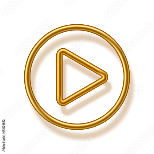 White play button with gold edge 3d vector illustration. Abstract golden circle ring on white background with triangle. Play icon, Press to start. Multimedia, audio, video, cinema, music