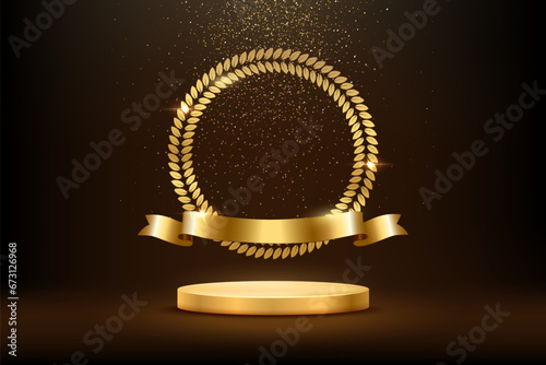Gold award round podium with circle laurel wreath, ribbon, shiny glitter and sparkles isolated on dark background. Vector golden symbol of victory, achievement, success, rewarding of winner