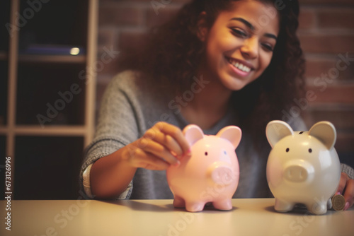 Young african american woman money putting coins into a piggybank at home, Mixed race person counting coins while financial planning in her living room, Saving, investing and thinking about the future