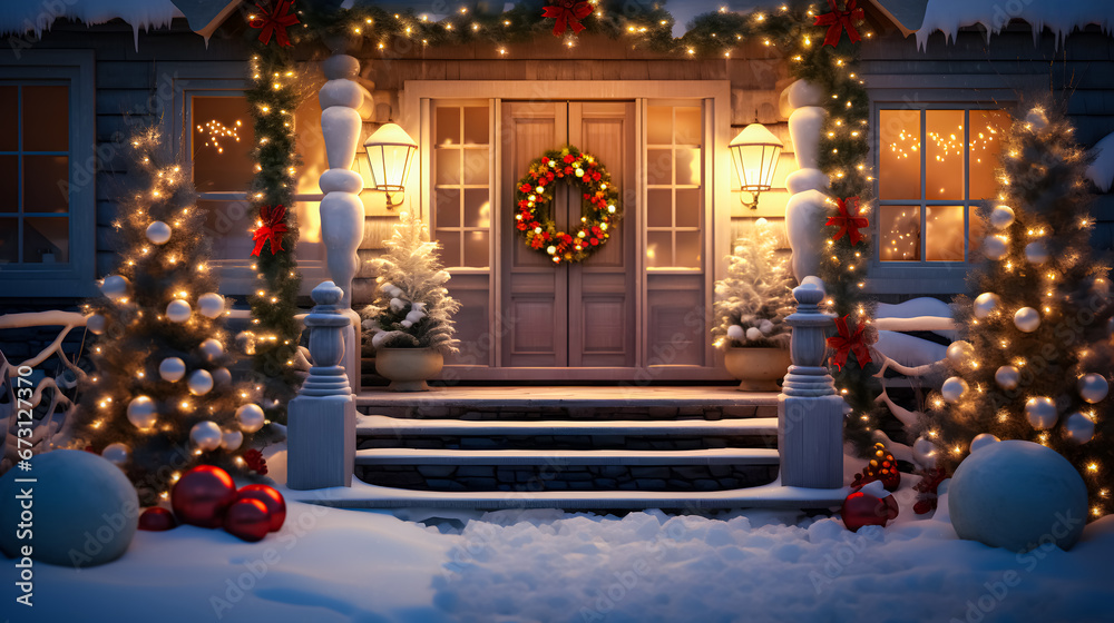 Christmas lights at the entrance of a house covered with snow - a warm welcome from the family -Generative AI