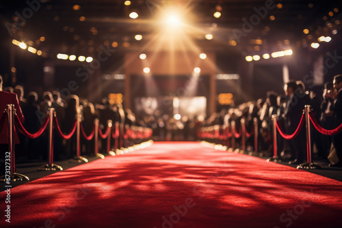 Red carpet rolling out in front of glamorous movie premiere with paparazzi in the background. AI Generative photo