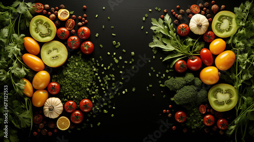 Top View of Spices and Vegetables Flat Lay With Copy Space Blurry Background