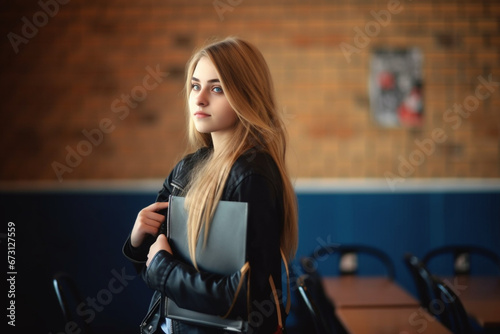 Young pretty blonde girl student before class