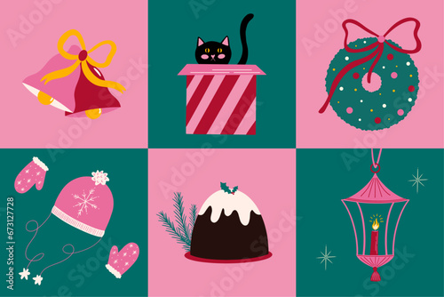 Set of vector Christmas elements, winter holiday season vector illustration, Xmas wreath, bells, gift, cat, hat and gloves, cake, lantern, snowflake decorations, checkered design, cartoon flat style