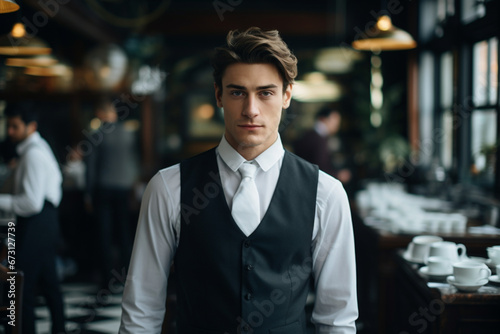 Young waiter serving coffee in a cafe and looking at camera