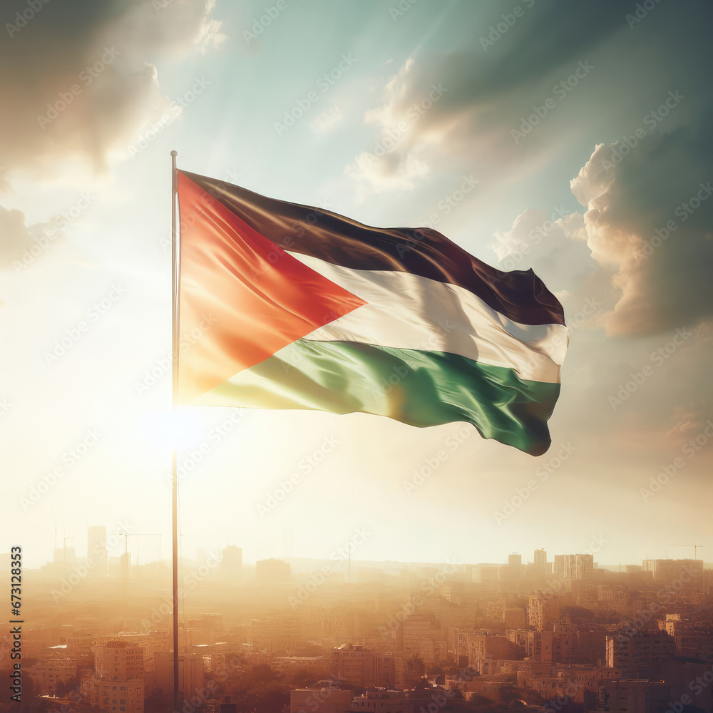 Photo of Palestinian flag at sunset and sky - obrazy, fototapety, plakaty 