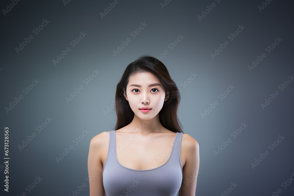 Beautiful young asian woman with clean fresh skin & body on greay background Beautiful young asian woman with clean fresh skin & body on greay background