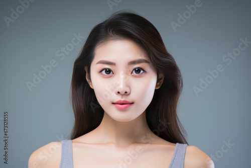 Beautiful young asian woman with clean fresh skin & body on greay background photo