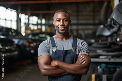 Smiling black car mechanic man standing arm crossed working in auto repair shop, African American mechanic man happy working in car garage