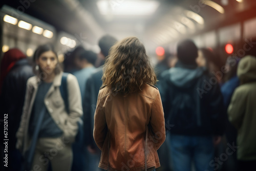 Back view of young woman standing at platform with blurry people in background of station. Travel concept of holiday and vacation.