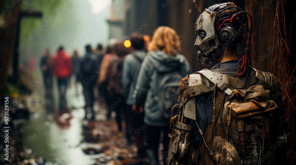 Robotic Soldier Amidst Human Crowd.
A robotic soldier stands out in a crowd, depicting a blend of human and machine coexistence in a dystopian future. 