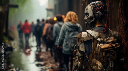 Robotic Soldier Amidst Human Crowd. A robotic soldier stands out in a crowd  depicting a blend of human and machine coexistence in a dystopian future. 