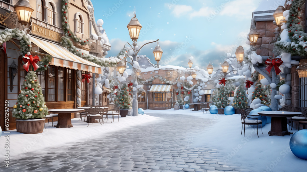 Fototapeta premium Empty street cafe in cold weather. Decorated and illuminated Market square at old city. Winter view with empty outdoors coffeeshop cafe