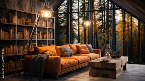 Orange Sofas Living Room with Wood Design With Big Glass Windows Interior Background