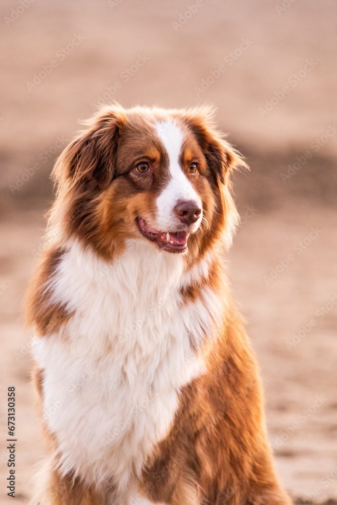 Female brown Australian Shepherd dog on the winter empty beach looking at her owner.