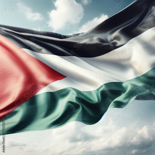 Palestinian flag waving in cloudy sky background