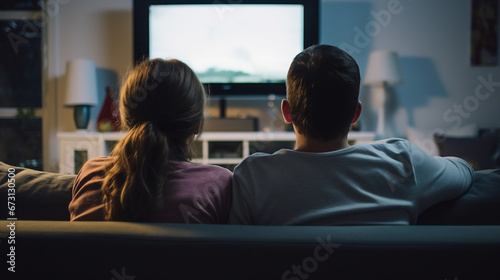 Back view of young couple sitting on couch watching tv at home