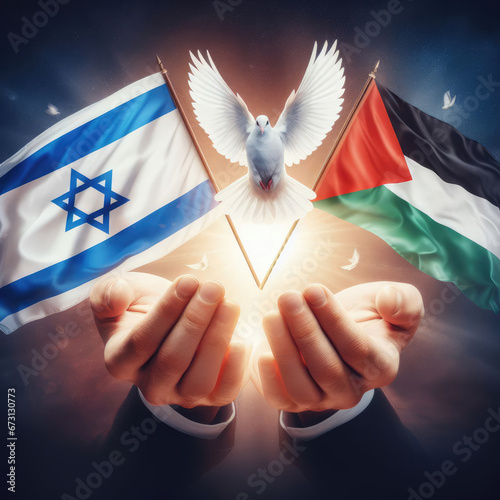 White dove of peace with its wings spread, holding the flag of Palestine and Israel in the palm