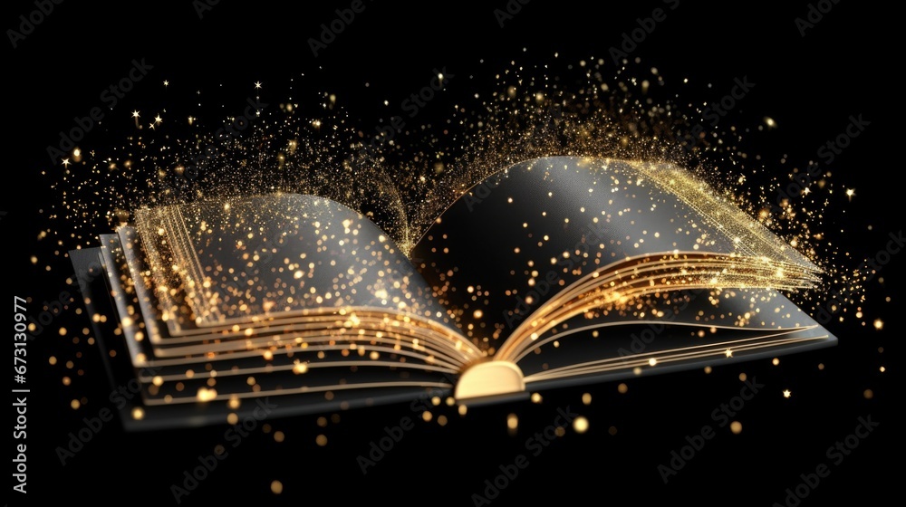 A magical open book on a dark background with glowing psges and miracle dust flying around - obrazy, fototapety, plakaty 