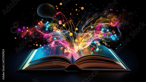 A book on a black background with glowing pages. The book has shiny pages. Children's literature. Books about magic